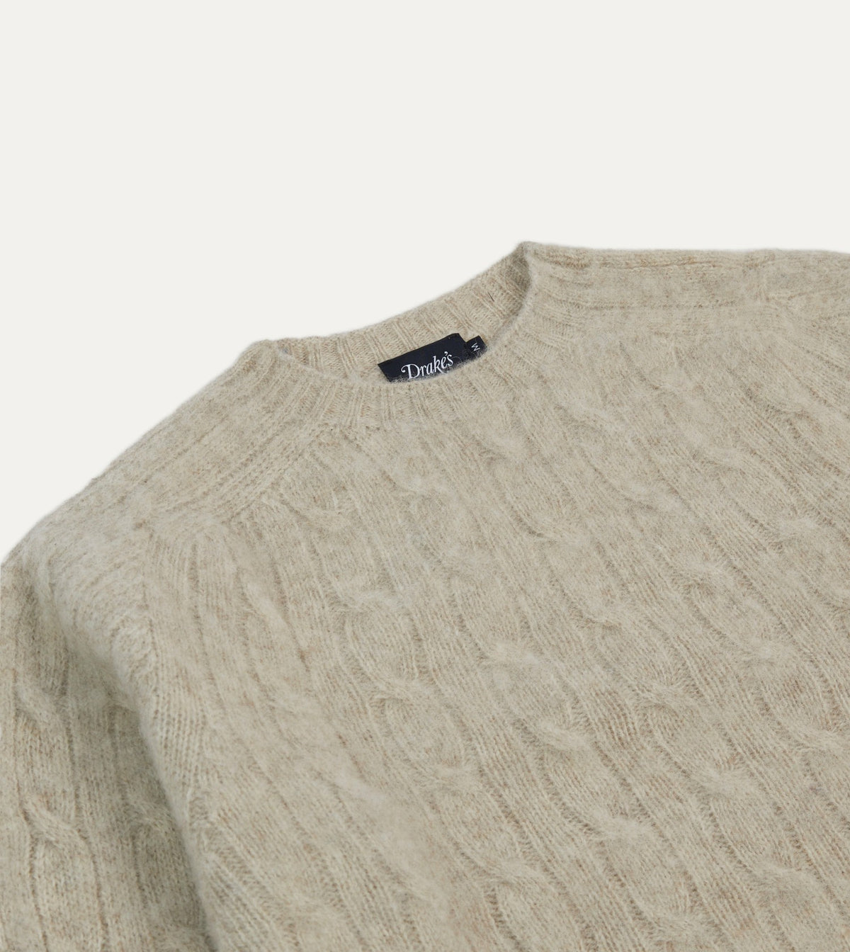 Drake's Putty Brushed Cable Knit Shetland Crew Neck Jumper