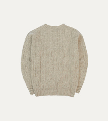 Drake's Putty Brushed Cable Knit Shetland Crew Neck Jumper