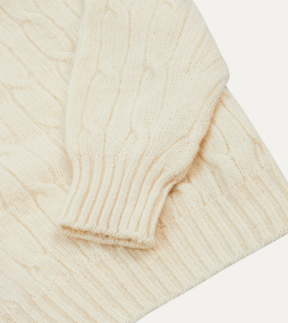Drake's Ecru Brushed Shetland Cable Knit Crew Neck Jumper
