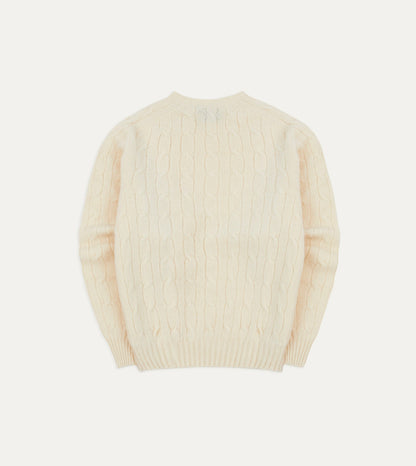 Drake's Ecru Brushed Shetland Cable Knit Crew Neck Jumper