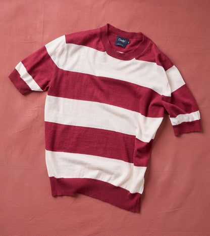 Drake's Ecru and Burgundy Stripe Crew Neck Knitted T-Shirt