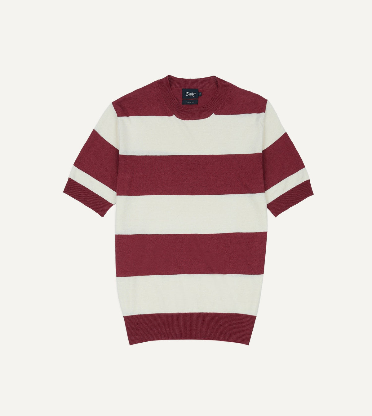 Drake's Ecru and Burgundy Stripe Crew Neck Knitted T-Shirt