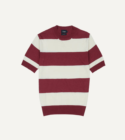 Drake's Ecru and Burgundy Stripe Crew Neck Knitted T-Shirt