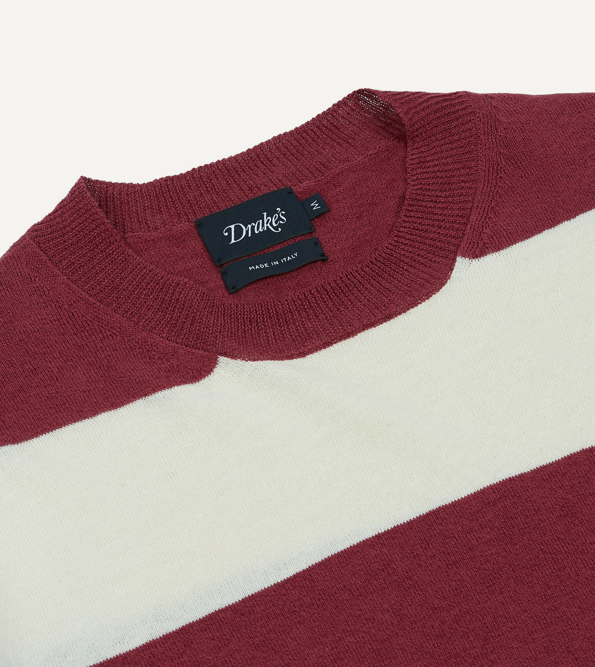 Drake's Ecru and Burgundy Stripe Crew Neck Knitted T-Shirt