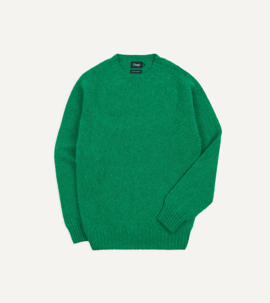 Drake's Green Brushed Shetland Crew Neck Jumper