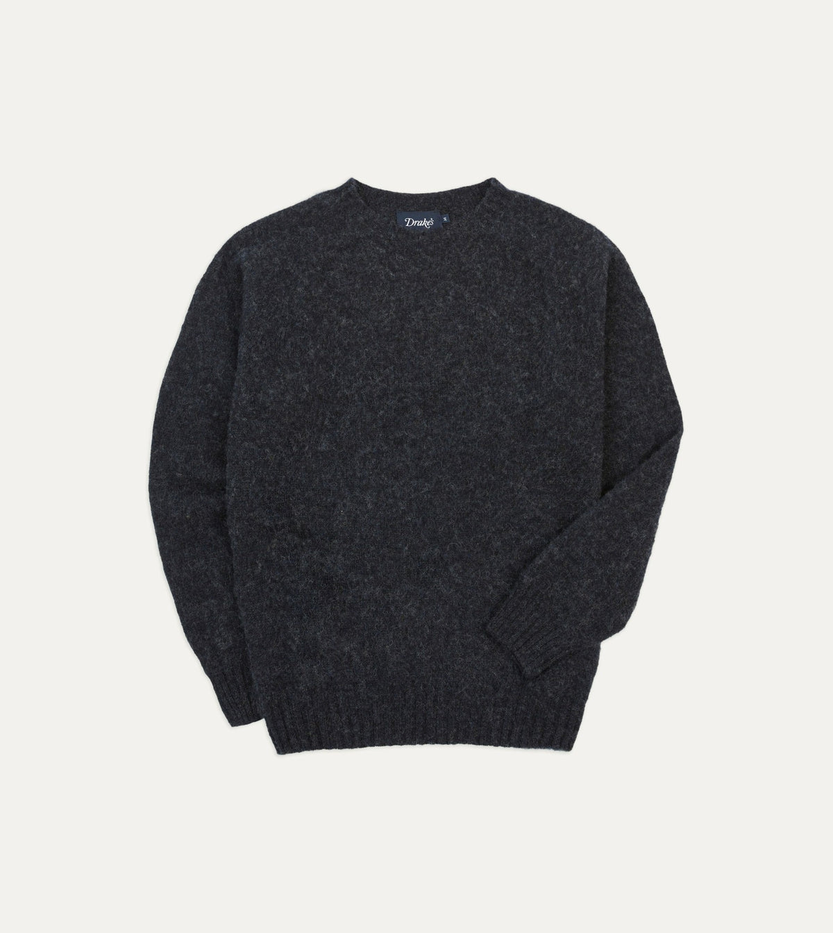 Drake's Dark Grey Brushed Shetland Crew Neck Jumper