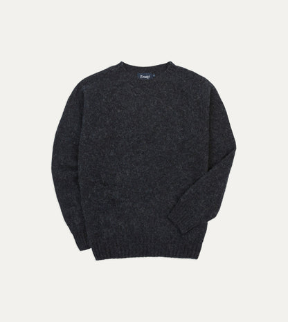 Drake's Dark Grey Brushed Shetland Crew Neck Jumper