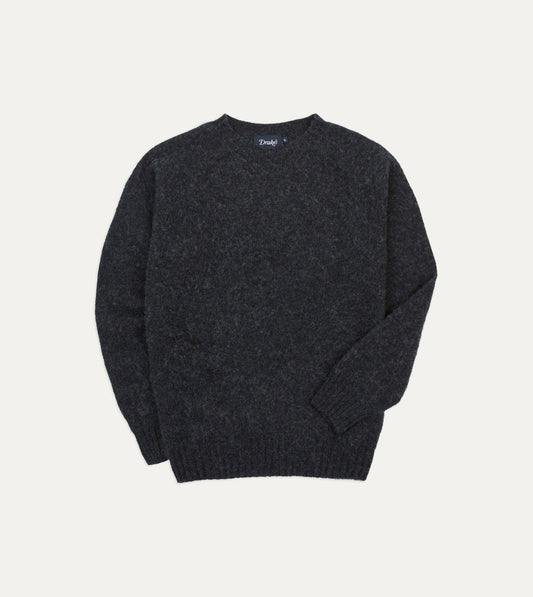 Drake's Dark Grey Brushed Shetland Crew Neck Jumper