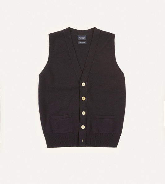 Drake's Navy Lambswool Sleeveless Cardigan