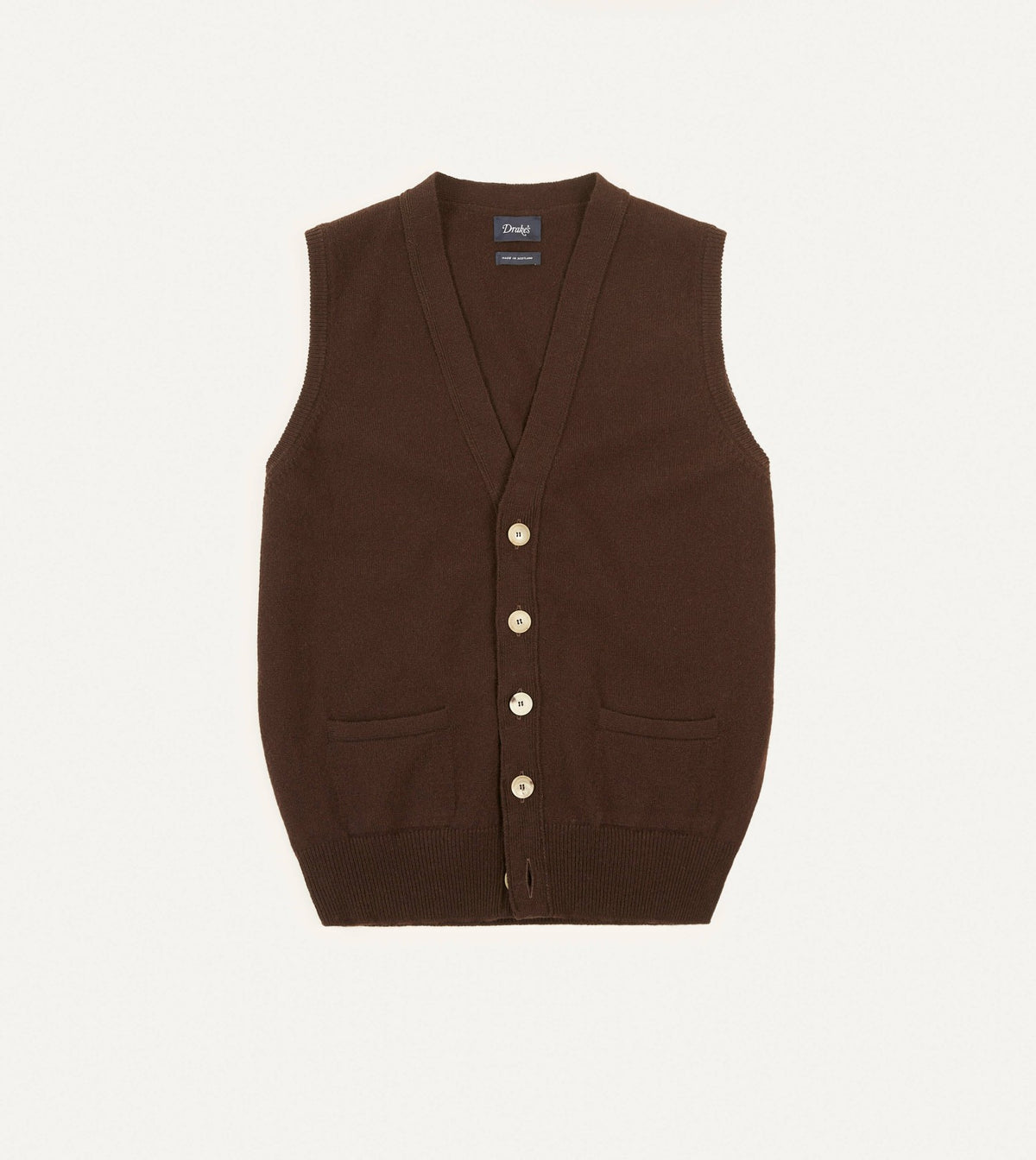 Drake's Brown Lambswool Sleeveless Cardigan