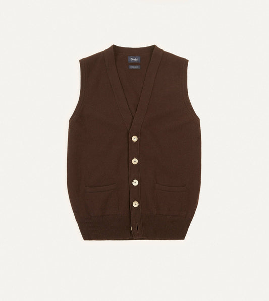 Drake's Brown Lambswool Sleeveless Cardigan