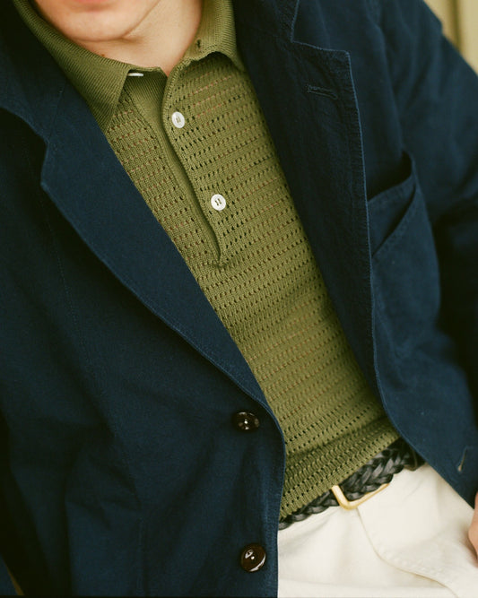 Drake's Olive Waffle Knit Cotton Short-Sleeve Polo Shirt