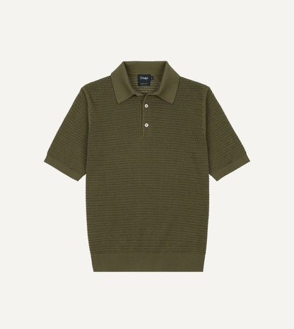 Drake's Olive Waffle Knit Cotton Short-Sleeve Polo Shirt