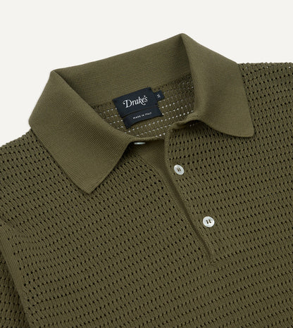 Drake's Olive Waffle Knit Cotton Short-Sleeve Polo Shirt