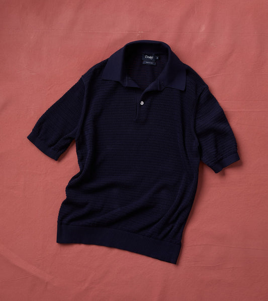 Drake's Navy Waffle Knit Cotton Short-Sleeve Polo Shirt