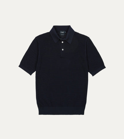 Drake's Navy Waffle Knit Cotton Short-Sleeve Polo Shirt