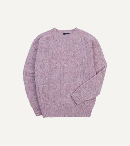 Drake's Lilac Brushed Cable Knit Shetland Crew Neck Jumper