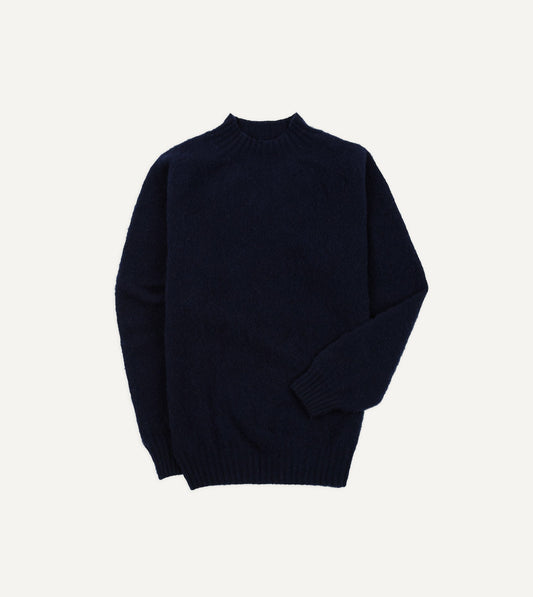 Drake's Navy Brushed Shetland Mock Neck Jumper