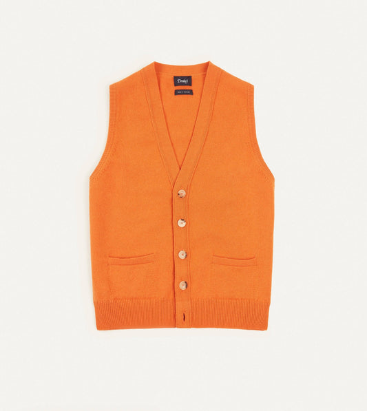Drake's Orange Lambswool Sleeveless Cardigan