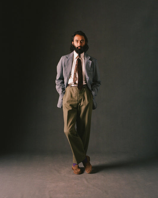 Drake's Green Herringbone Cotton Wide Leg Flat Front Chino