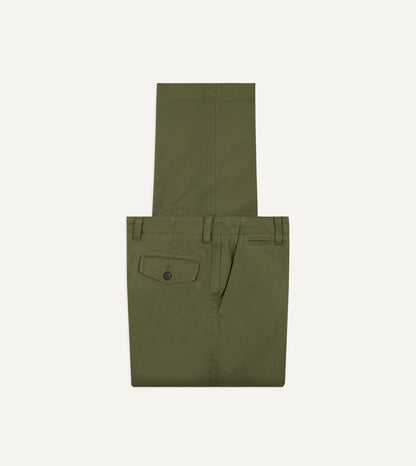 Drake's Green Herringbone Cotton Wide Leg Flat Front Chino