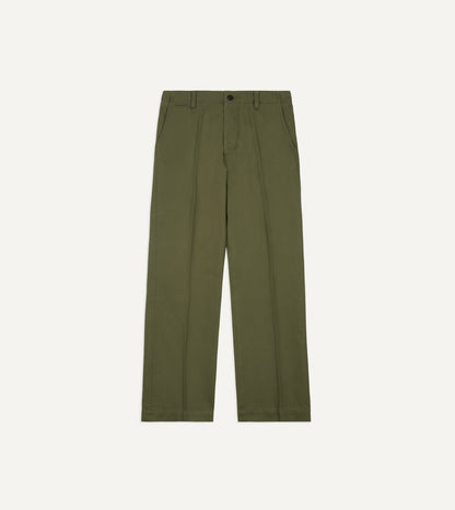 Drake's Green Herringbone Cotton Wide Leg Flat Front Chino