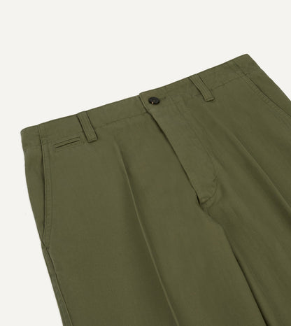 Drake's Green Herringbone Cotton Wide Leg Flat Front Chino