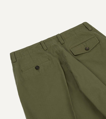 Drake's Green Herringbone Cotton Wide Leg Flat Front Chino