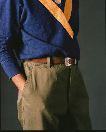 Drake's Green Herringbone Cotton Wide Leg Flat Front Chino