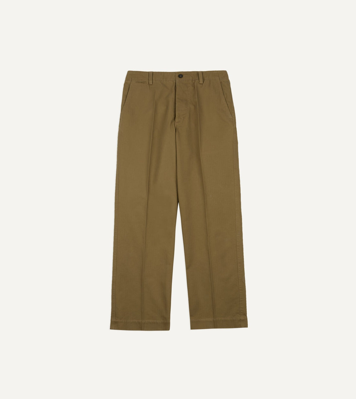 Drake's Khaki Herringbone Cotton Wide Leg Flat Front Chino