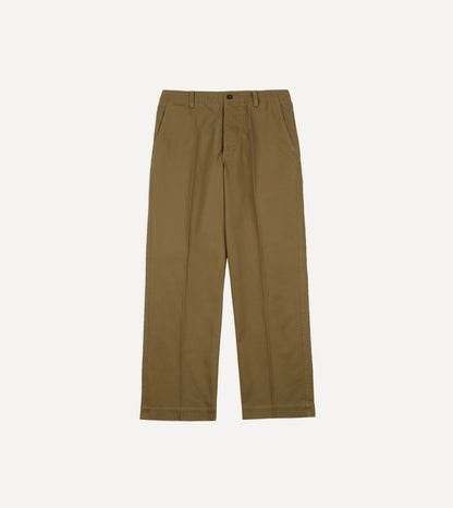 Drake's Khaki Herringbone Cotton Wide Leg Flat Front Chino