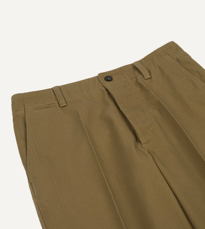 Drake's Khaki Herringbone Cotton Wide Leg Flat Front Chino