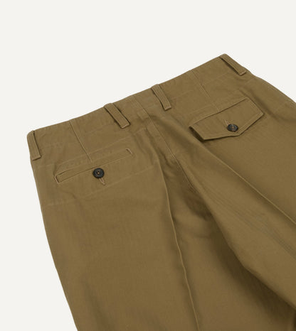 Drake's Khaki Herringbone Cotton Wide Leg Flat Front Chino