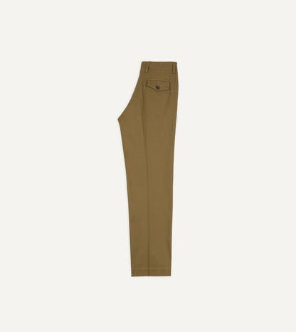 Drake's Khaki Herringbone Cotton Wide Leg Flat Front Chino