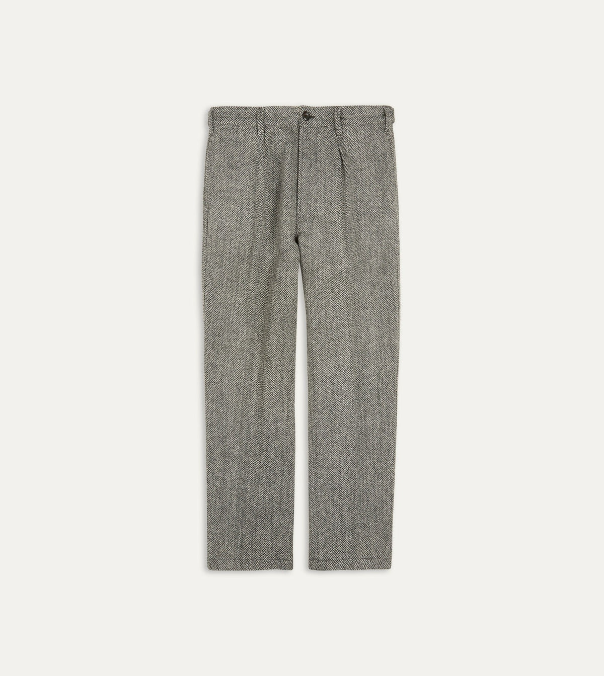 Drake's Grey Herringbone Harris Tweed One Pleat Games Trousers