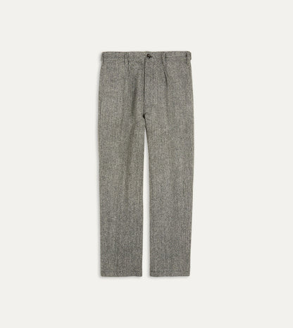 Drake's Grey Herringbone Harris Tweed One Pleat Games Trousers