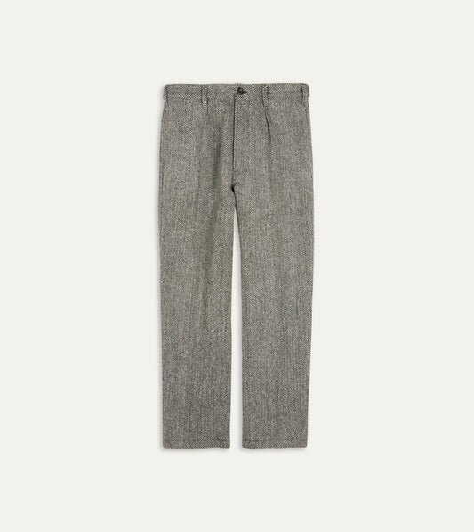 Drake's Grey Herringbone Harris Tweed One Pleat Games Trousers