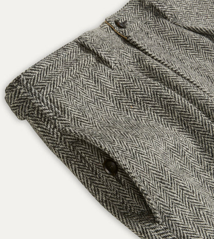 Drake's Grey Herringbone Harris Tweed One Pleat Games Trousers