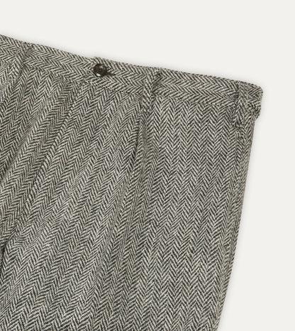 Drake's Grey Herringbone Harris Tweed One Pleat Games Trousers