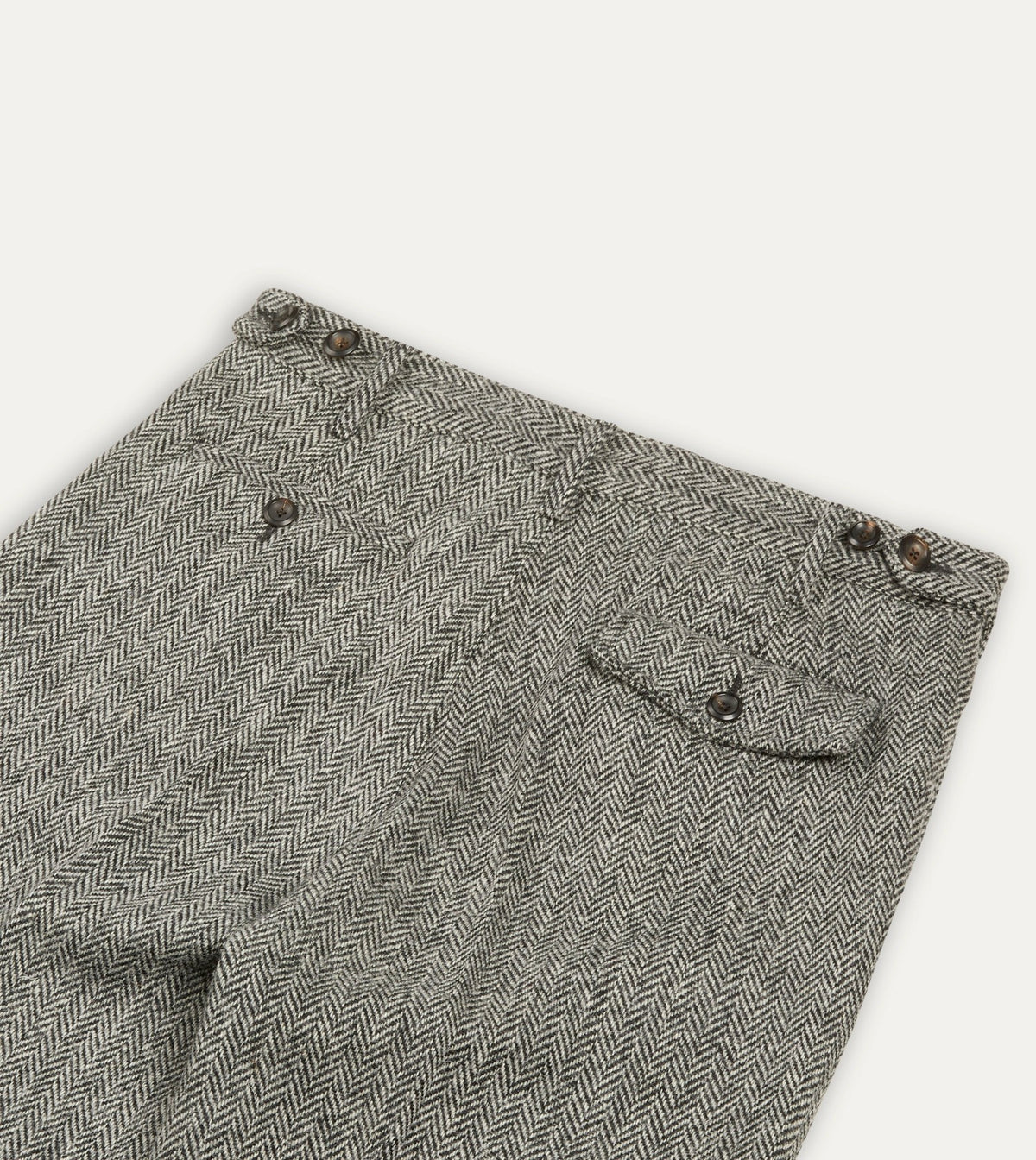 Drake's Grey Herringbone Harris Tweed One Pleat Games Trousers