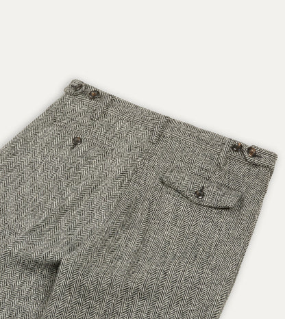 Drake's Grey Herringbone Harris Tweed One Pleat Games Trousers