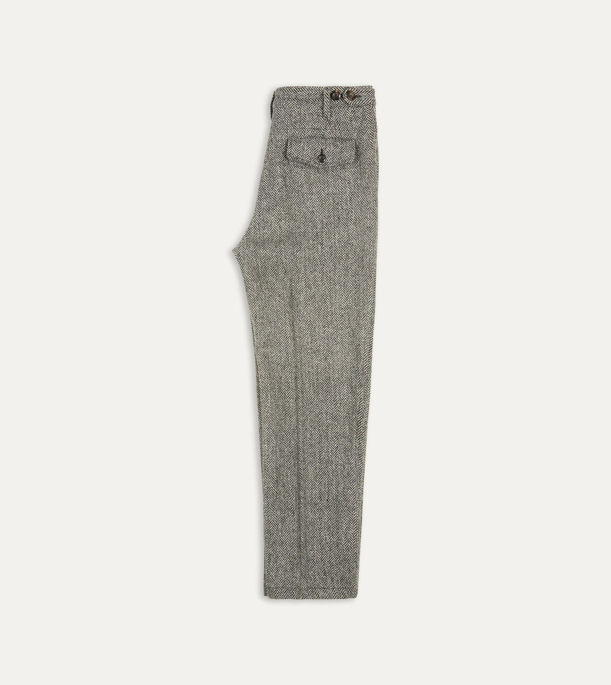 Drake's Grey Herringbone Harris Tweed One Pleat Games Trousers
