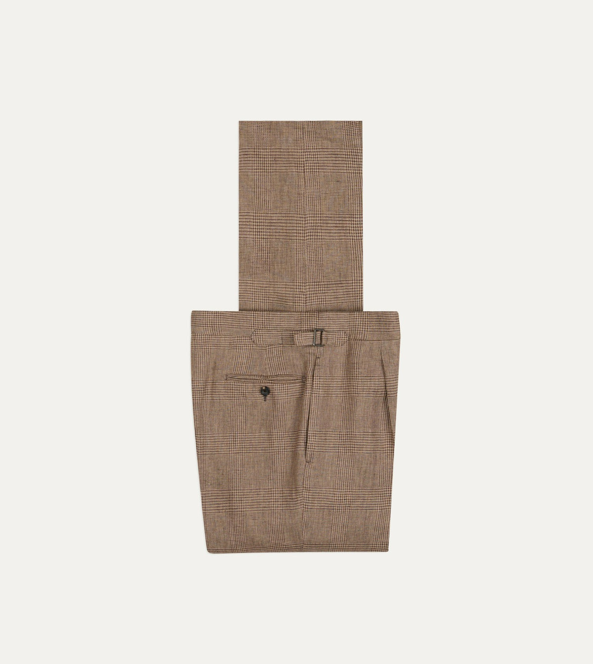 Drake's Brown Prince of Wales Check Linen Single Pleat Trouser