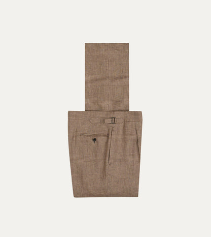 Drake's Brown Prince of Wales Check Linen Single Pleat Trouser