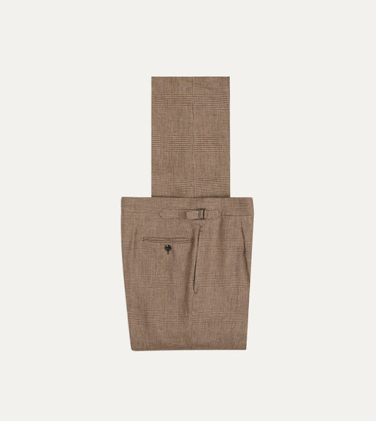 Drake's Brown Prince of Wales Check Linen Single Pleat Trouser