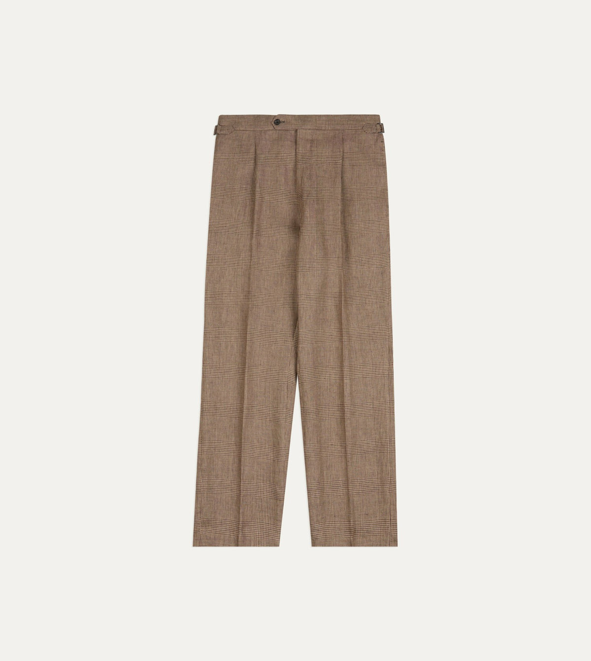 Drake's Brown Prince of Wales Check Linen Single Pleat Trouser