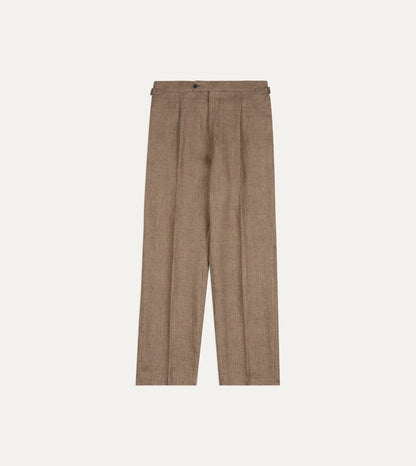 Drake's Brown Prince of Wales Check Linen Single Pleat Trouser