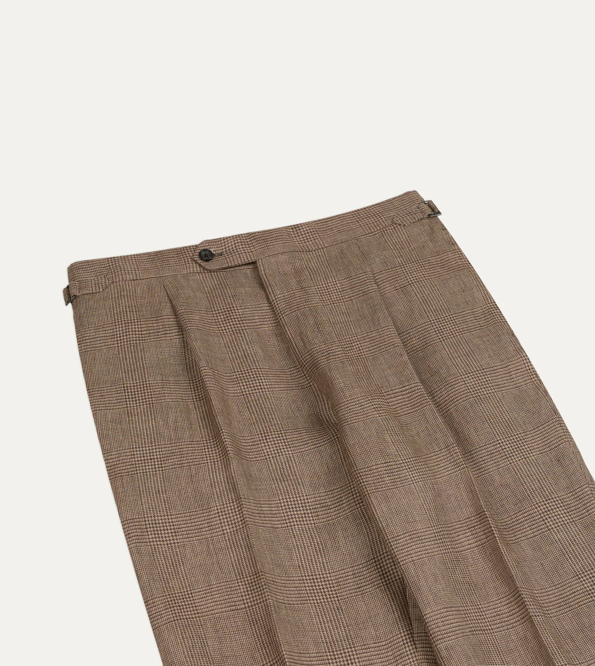 Drake's Brown Prince of Wales Check Linen Single Pleat Trouser