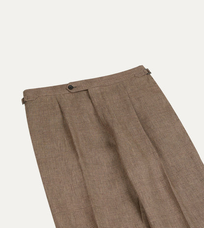 Drake's Brown Prince of Wales Check Linen Single Pleat Trouser