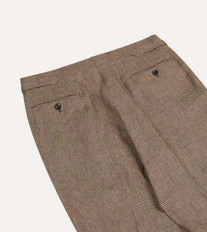 Drake's Brown Prince of Wales Check Linen Single Pleat Trouser